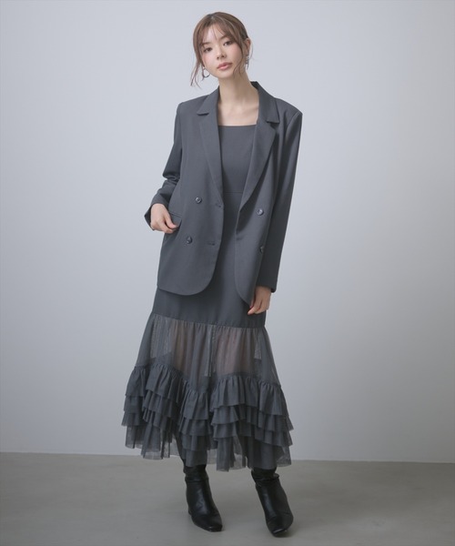AND COUTURE(アンドクチュール)の「ジャケット×シアーチュールレイヤーワンピース(ワンピース・レディース・チャコールグレー/ブラック/ブラウン・FREE)」の1枚目の写真