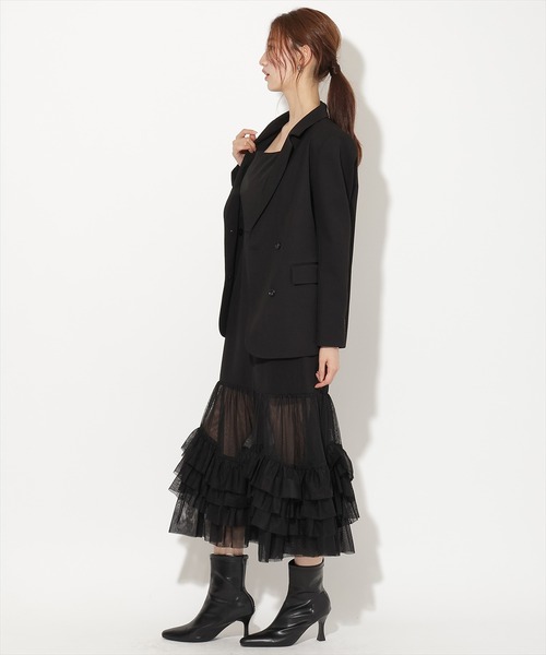 AND COUTURE(アンドクチュール)の「ジャケット×シアーチュールレイヤーワンピース(ワンピース・レディース・チャコールグレー/ブラック/ブラウン・FREE)」の4枚目の写真