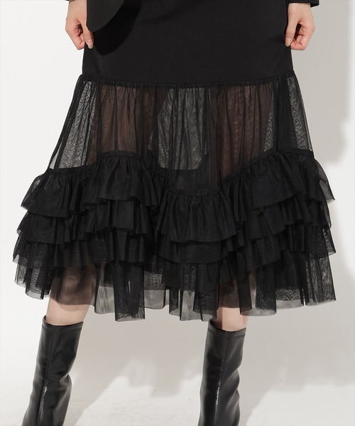 AND COUTURE(アンドクチュール)の「ジャケット×シアーチュールレイヤーワンピース(ワンピース・レディース・チャコールグレー/ブラック/ブラウン・FREE)」の8枚目の写真