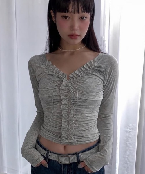 Sibra(シブラ)の「【秋冬新作】韓国風フロントフリルリボンシャーリング長袖トップス(Tシャツ/カットソー・レディース・グレー・M)」の6枚目の写真