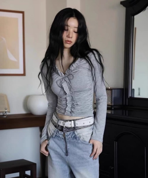 Sibra(シブラ)の「【秋冬新作】韓国風フロントフリルリボンシャーリング長袖トップス(Tシャツ/カットソー・レディース・グレー・M)」の11枚目の写真