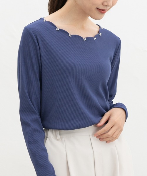 Honeys(ハニーズ)の「スカラップトップス(Tシャツ/カットソー・レディース・スモークピンク/アイボリー/パープル/グレイッシュブルー/ネイビー・L/3L/M/LL/S)」の3枚目の写真