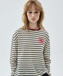 SLUB COTTON TSHIRT LONG SLEEVE STRIPE FLOWER / スラブ コットン Tシャツ ロング スリーブ ストライプ フラワー