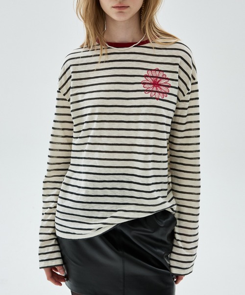 Mardi Mercredi(マルディメクルディ)の「SLUB COTTON TSHIRT LONG SLEEVE STRIPE FLOWER / スラブ コットン Tシャツ ロング スリーブ ストライプ フラワー(Tシャツ/カットソー・レディース・チャコールグレー/ネイビー・FREE)」の7枚目の写真