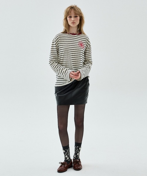 Mardi Mercredi(マルディメクルディ)の「SLUB COTTON TSHIRT LONG SLEEVE STRIPE FLOWER / スラブ コットン Tシャツ ロング スリーブ ストライプ フラワー(Tシャツ/カットソー・レディース・チャコールグレー/ネイビー・FREE)」の9枚目の写真