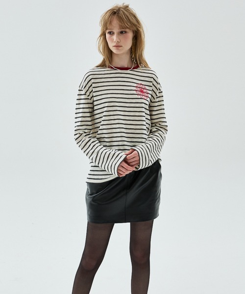 Mardi Mercredi(マルディメクルディ)の「SLUB COTTON TSHIRT LONG SLEEVE STRIPE FLOWER / スラブ コットン Tシャツ ロング スリーブ ストライプ フラワー(Tシャツ/カットソー・レディース・チャコールグレー/ネイビー・FREE)」の5枚目の写真