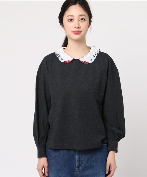 POU DOU DOU（プードゥドゥ）の「刺繍衿カノコプルオーバー（Tシャツ/カットソー・レディース・キナリ/ネイビー/ダークグレー・3）」の4枚目の写真