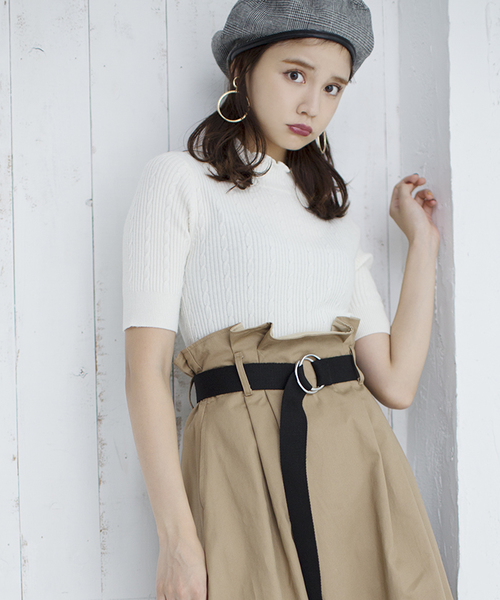 WEGO（ウィゴー）の「WEGO/ミニケーブル5分袖ニット（ニット/セーター・レディース・レッド/オフホワイト/ターコイズブルー/マスタード/ブラック・FREE）」の2枚目の写真