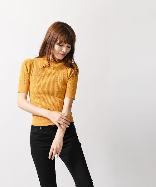 WEGO（ウィゴー）の「WEGO/ミニケーブル5分袖ニット（ニット/セーター・レディース・レッド/オフホワイト/ターコイズブルー/マスタード/ブラック・FREE）」の9枚目の写真