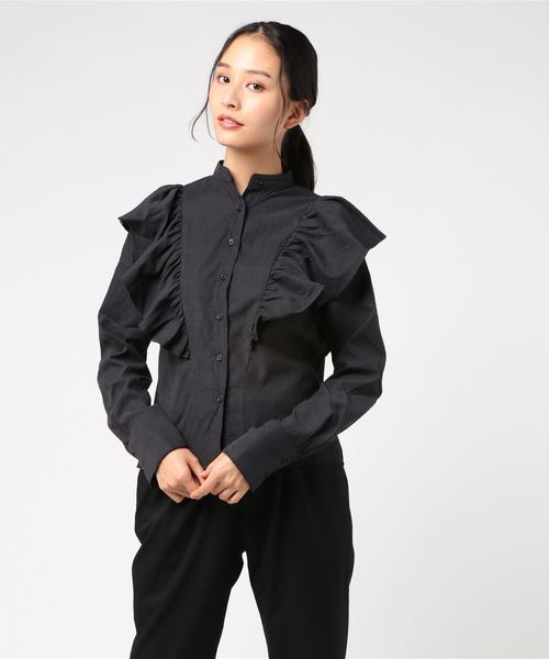 KOBE LETTUCE（コウベレタス）の「チェック柄・無地ハイネックフリルブラウス＊レディース/トップス/シャツ/モックネック[C3510]神戸レタス（シャツ/ブラウス・レディース・ブラック/ブルー系その他/パープル系その他・FREE）」の6枚目の写真