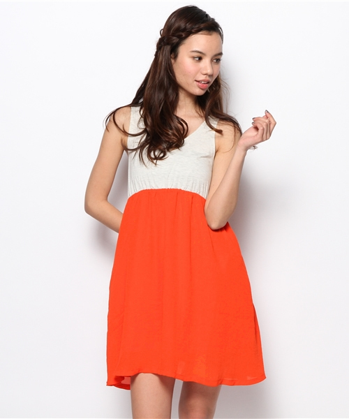 mystic（ミスティック）の「しゃりシフォン切替タンクワンピース（ワンピース・レディース・レッド/オフホワイト/ベージュ/グリーン/ブラック・ﾌﾘ-）」の5枚目の写真