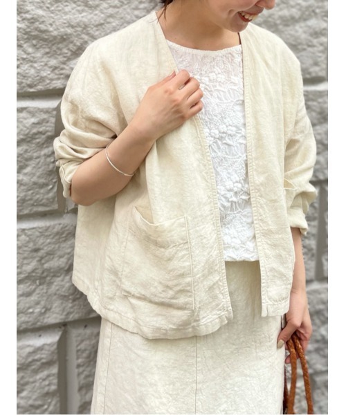 BEARDSLEY(ビアズリー)の「アンティーク風リネンハオリ(ブルゾン・レディース・アイボリー/ダークグレー・FREE)」の2枚目の写真