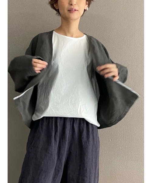 BEARDSLEY(ビアズリー)の「アンティーク風リネンハオリ(ブルゾン・レディース・アイボリー/ダークグレー・FREE)」の1枚目の写真