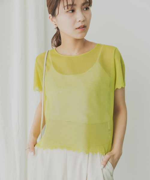 KBF+(ケービーエフプラス)の「KBF+ シアーダメージニット(ニット/セーター・レディース・ベージュ/グリーン系その他/ブラック・ONE)」の1枚目の写真