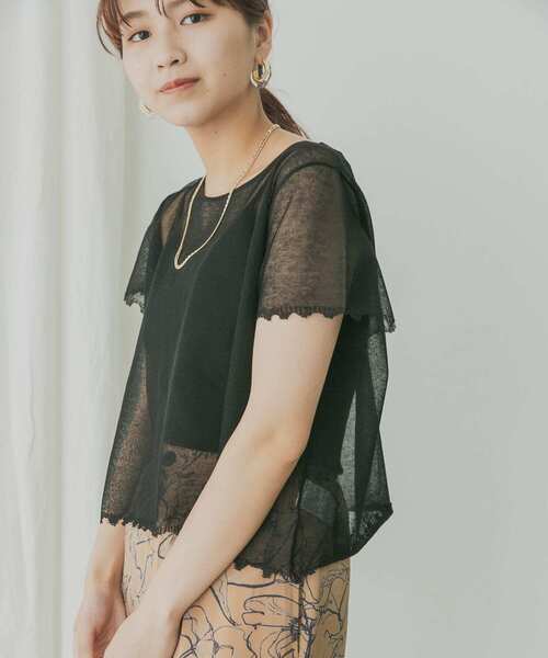 KBF+(ケービーエフプラス)の「KBF+ シアーダメージニット(ニット/セーター・レディース・ベージュ/グリーン系その他/ブラック・ONE)」の2枚目の写真