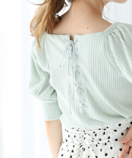 one after another NICE CLAUP（ワンアフターアナザーナイスクラップ）の「バックレースアップテレコトップス（Tシャツ/カットソー・レディース・ブラック/ベージュ/オフホワイト/ミント・FREE）」の4枚目の写真