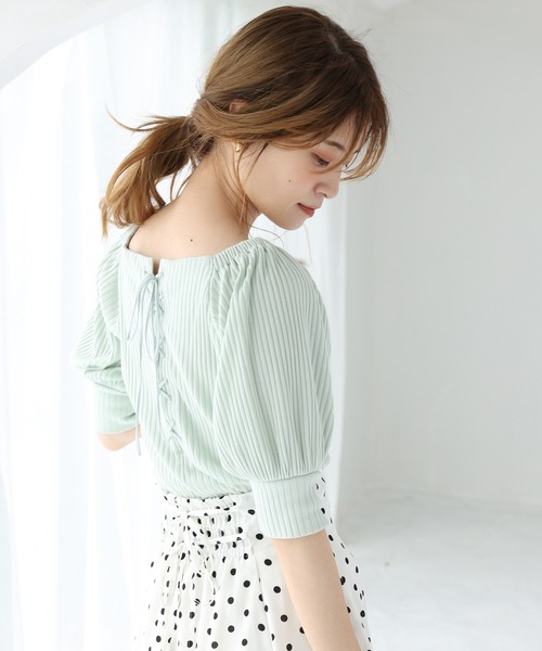 one after another NICE CLAUP（ワンアフターアナザーナイスクラップ）の「バックレースアップテレコトップス（Tシャツ/カットソー・レディース・ブラック/ベージュ/オフホワイト/ミント・FREE）」の5枚目の写真