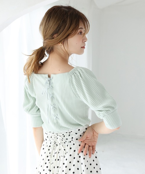 one after another NICE CLAUP（ワンアフターアナザーナイスクラップ）の「バックレースアップテレコトップス（Tシャツ/カットソー・レディース・ブラック/ベージュ/オフホワイト/ミント・FREE）」の6枚目の写真