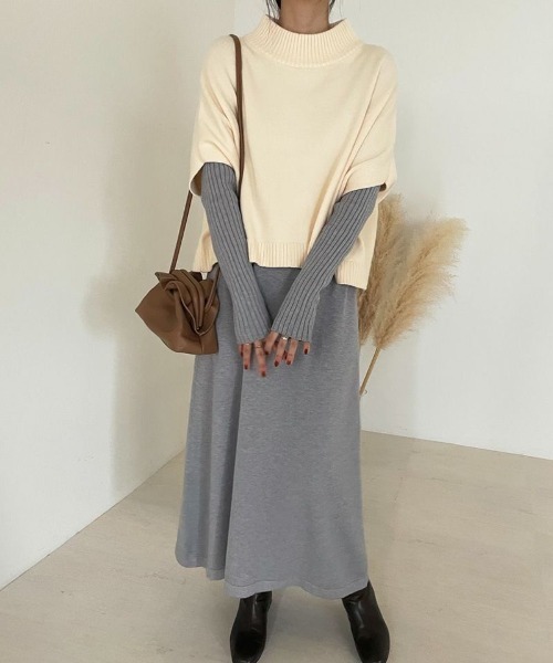 Bab（バブ）の「《2点SET》ケープトップ＆リブニットワンピース（ワンピース・レディース・グレー/ブラウン/ブラック/A/アイボリー/サンドベージュ/C/B・38）」の7枚目の写真