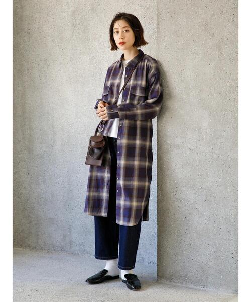 koe(コエ)の「TR先染めチェック微起毛シャツワンピース羽織*(シャツワンピース・レディース・ブラック/パープル・FREE)」の14枚目の写真