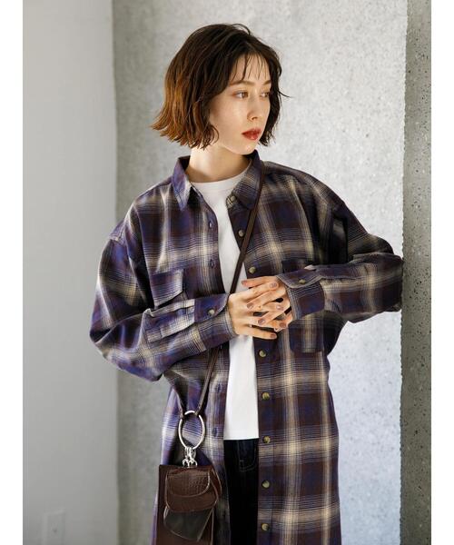 koe(コエ)の「TR先染めチェック微起毛シャツワンピース羽織*(シャツワンピース・レディース・ブラック/パープル・FREE)」の3枚目の写真