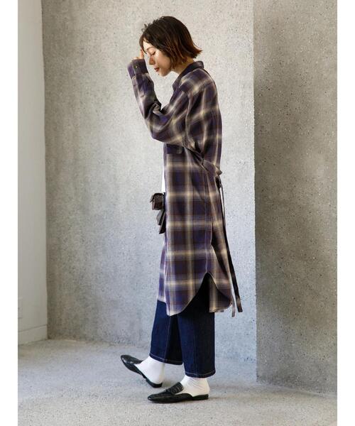 koe(コエ)の「TR先染めチェック微起毛シャツワンピース羽織*(シャツワンピース・レディース・ブラック/パープル・FREE)」の17枚目の写真