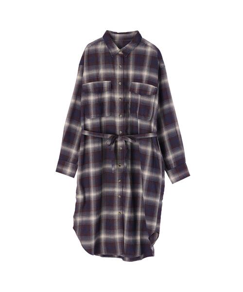 koe(コエ)の「TR先染めチェック微起毛シャツワンピース羽織*(シャツワンピース・レディース・ブラック/パープル・FREE)」の8枚目の写真