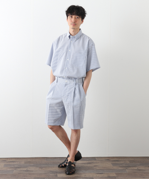 417 EDIFICE(フォーワンセブンエディフィス)の「【allery / アレリ―】 シアサッカーワイドショーツ(スラックス・メンズ・ホワイト/ブラック/ネイビー/サックスブルー・MEDIUM/LARGE/SMALL)」の12枚目の写真