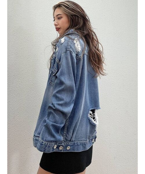 GYDA（ジェイダ）の「リヨセルダメージデニムＧジャン（デニムジャケット・レディース・ライトブルー/インディゴブルー・FREE）」の4枚目の写真