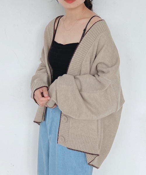 AS KNOW AS plus（アズノゥアズプラス）の「♪パイピング配色ゆるニット カーディガン　【2022AW / ZOZOTOWN限定アイテム】（カーディガン/ボレロ・レディース・ブラック/ベージュ/ブラウン/ブルーグリーン・FREE）」の3枚目の写真