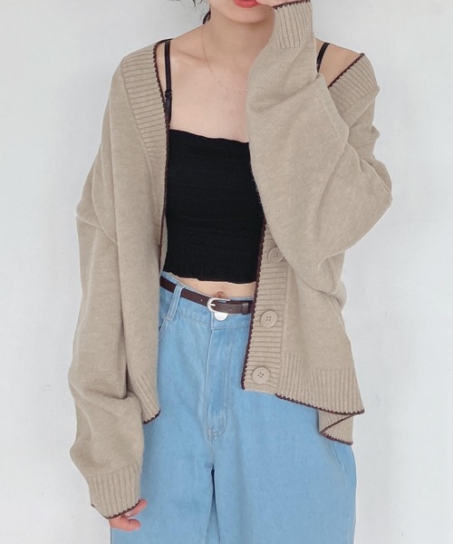 AS KNOW AS plus（アズノゥアズプラス）の「♪パイピング配色ゆるニット カーディガン　【2022AW / ZOZOTOWN限定アイテム】（カーディガン/ボレロ・レディース・ブラック/ベージュ/ブラウン/ブルーグリーン・FREE）」の5枚目の写真