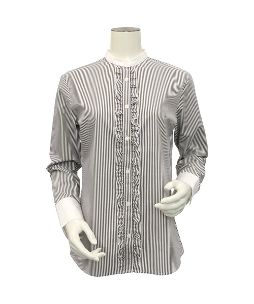 TOKYO SHIRTS（トウキョウシャツ）の「形態安定ノーアイロン スタンドカラー フリル付き長袖ビジネスワイシャツ（ビジネスシャツ・レディース・モカ・S/M/L/LL）」の5枚目の写真