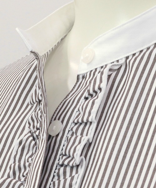 TOKYO SHIRTS（トウキョウシャツ）の「形態安定ノーアイロン スタンドカラー フリル付き長袖ビジネスワイシャツ（ビジネスシャツ・レディース・モカ・S/M/L/LL）」の4枚目の写真