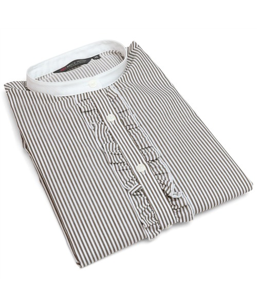 TOKYO SHIRTS（トウキョウシャツ）の「形態安定ノーアイロン スタンドカラー フリル付き長袖ビジネスワイシャツ（ビジネスシャツ・レディース・モカ・S/M/L/LL）」の6枚目の写真