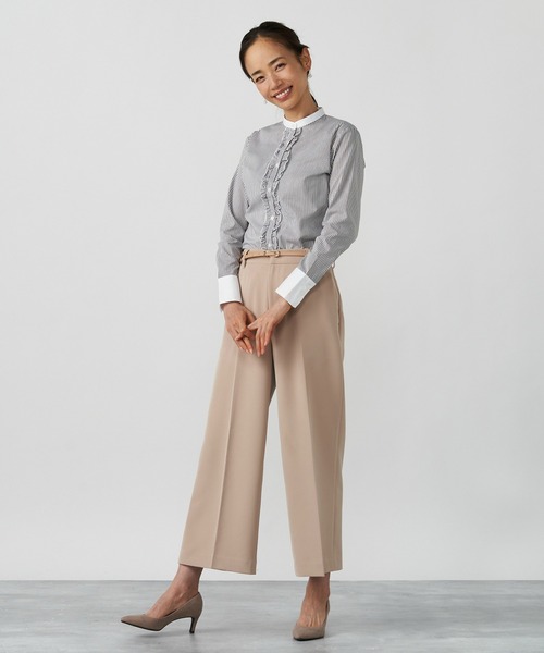 TOKYO SHIRTS（トウキョウシャツ）の「形態安定ノーアイロン スタンドカラー フリル付き長袖ビジネスワイシャツ（ビジネスシャツ・レディース・モカ・S/M/L/LL）」の8枚目の写真