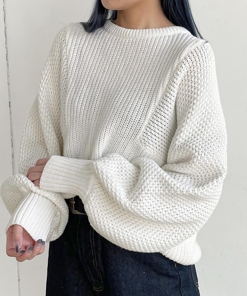 PAGEBOY（ページボーイ）の「6Gワッフルスリーブコットンプルオーバー（ニット/セーター・レディース・ブラック/ミント/オフホワイト/ピンク・FREE）」の2枚目の写真