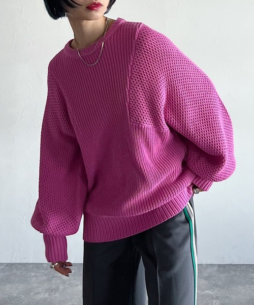 PAGEBOY（ページボーイ）の「6Gワッフルスリーブコットンプルオーバー（ニット/セーター・レディース・ブラック/ミント/オフホワイト/ピンク・FREE）」の4枚目の写真