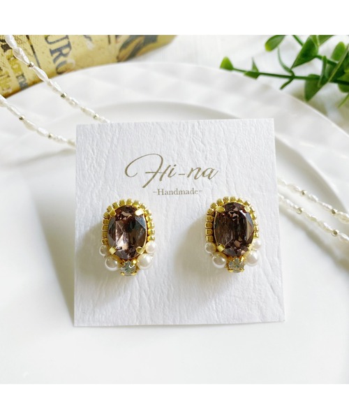 tone（トーン）の「【Hi-na】ビジューとビーズの刺繡アクセサリー　ピアス(MA)（ピアス（両耳用）・レディース・オレンジ/クリアブラック/クリア/ベージュ・FREE）」の6枚目の写真
