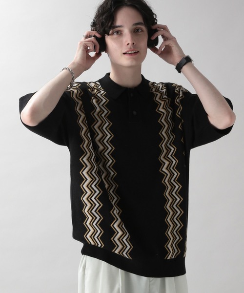 RAGEBLUE（レイジブルー）の「ダブルジャガード/総柄ニットポロシャツ（ポロシャツ・メンズ・ネイビー/グリーン/ブラック/ダークグレー/ブラウン・MEDIUM/LARGE）」の9枚目の写真