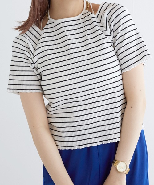 w closet(ダブルクローゼット)の「ホルターネックアメリカンスリーブプルオーバー(Tシャツ/カットソー・レディース・ブラック/ブルー系その他/ホワイト×ブラック/オフホワイト・FREE)」の2枚目の写真