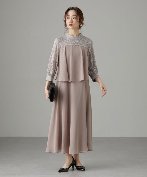 【美品】nissen レース切替ドッキングスタンドカラーワンピースドレス 結婚式・パーティードレス】レース切替ドッキングスタンドカラー
