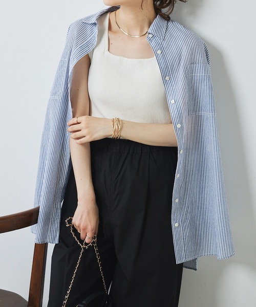 PUAL CE CIN(ピュアルセシン)の「綿麻ストライプBIGシャツ(シャツ/ブラウス・レディース・ブラウン系/ベージュ系/ブルー系・FREE)」の5枚目の写真