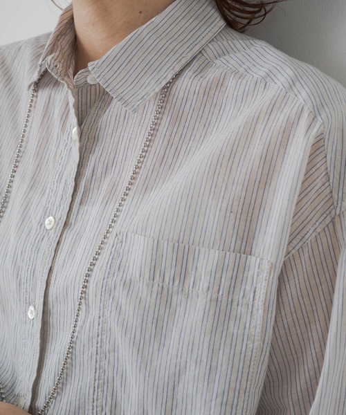 PUAL CE CIN(ピュアルセシン)の「綿麻ストライプBIGシャツ(シャツ/ブラウス・レディース・ブラウン系/ベージュ系/ブルー系・FREE)」の7枚目の写真