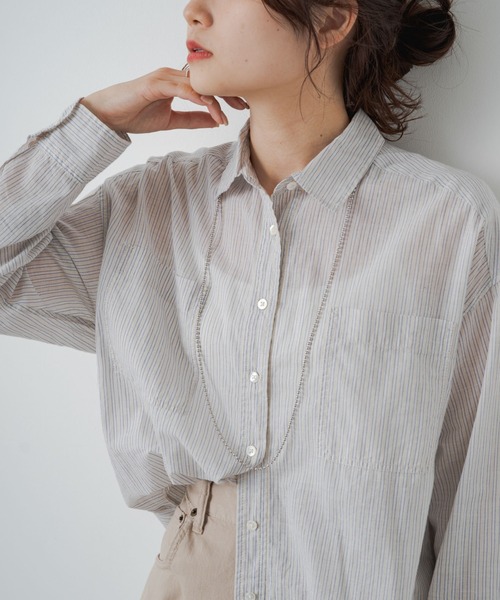 PUAL CE CIN(ピュアルセシン)の「綿麻ストライプBIGシャツ(シャツ/ブラウス・レディース・ブラウン系/ベージュ系/ブルー系・FREE)」の8枚目の写真