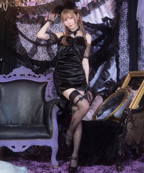 Tika(ティカ)の「コスプレ セクシー ネコ アニマル 黒猫 オフショル シアー ドット ベロア ふわふわ 4点セット 猫の日 コンカフェ ハロウィン(コスチューム/パーティーグッズ・レディース・ブラック・M/S/L)」の12枚目の写真