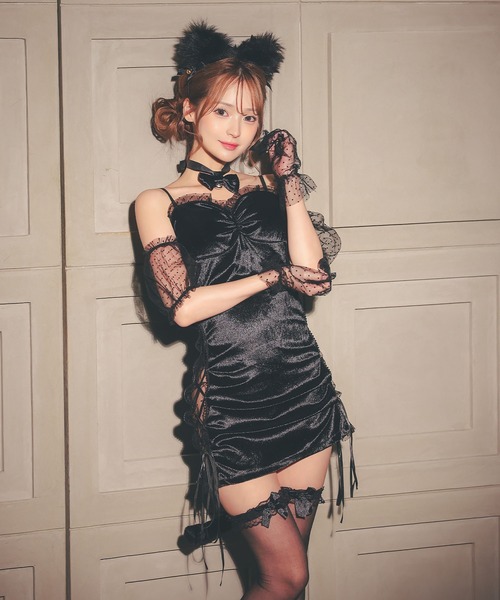 Tika(ティカ)の「コスプレ セクシー ネコ アニマル 黒猫 オフショル シアー ドット ベロア ふわふわ 4点セット 猫の日 コンカフェ ハロウィン(コスチューム/パーティーグッズ・レディース・ブラック・M/S/L)」の19枚目の写真