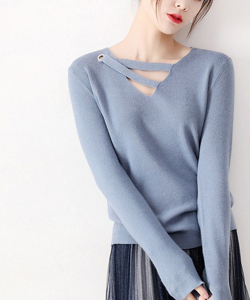 Mayree（メイリー）の「【AURORIA】イレギュラーレースアップニットトップス（ニット/セーター・レディース・ブラック/ピンク/ブルー・FREE）」の3枚目の写真