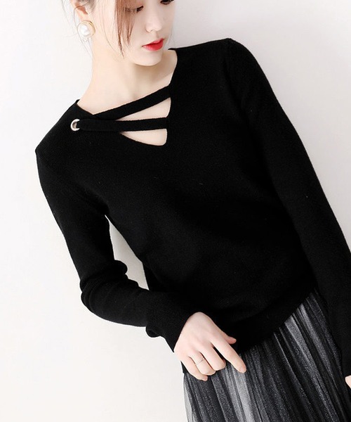 Mayree（メイリー）の「【AURORIA】イレギュラーレースアップニットトップス（ニット/セーター・レディース・ブラック/ピンク/ブルー・FREE）」の2枚目の写真