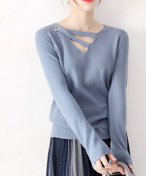 Mayree（メイリー）の「【AURORIA】イレギュラーレースアップニットトップス（ニット/セーター・レディース・ブラック/ピンク/ブルー・FREE）」の5枚目の写真