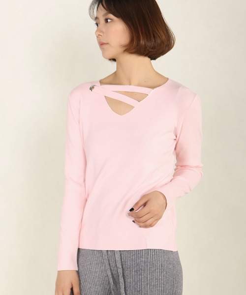 Mayree（メイリー）の「【AURORIA】イレギュラーレースアップニットトップス（ニット/セーター・レディース・ブラック/ピンク/ブルー・FREE）」の6枚目の写真